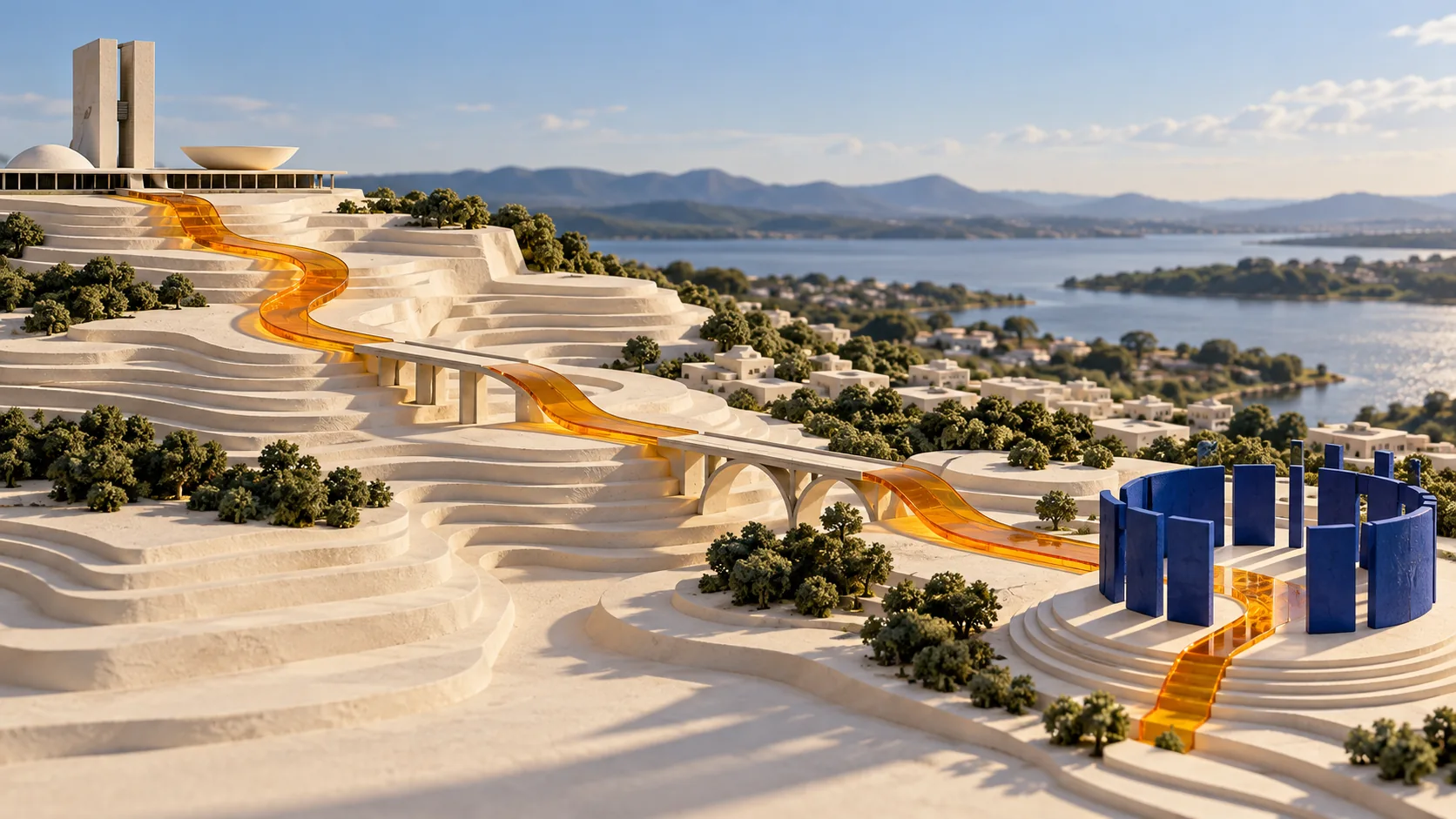 Maquete de terreno em degraus com percurso de vidro âmbar entre construção cívica e pavilhão circular azul