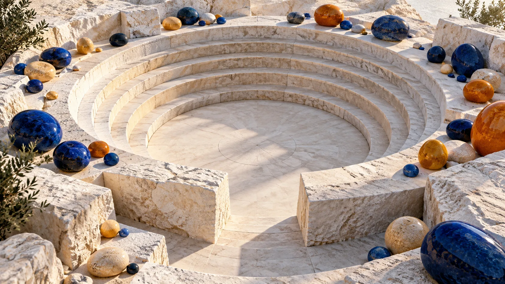 Anfiteatro circular de pedra clara cercado por peças arredondadas azuis e âmbar