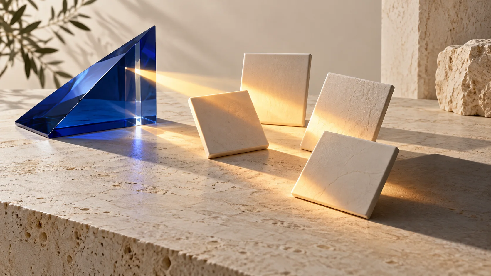 Prisma azul projeta luz dourada sobre placas claras de cerâmica em posições diferentes