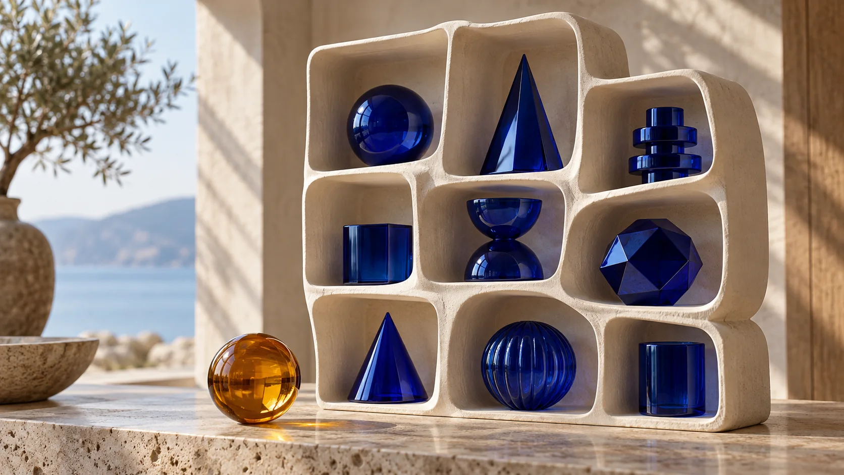 Estante cerâmica clara com nichos de objetos geométricos azuis e esfera âmbar sobre a mesa