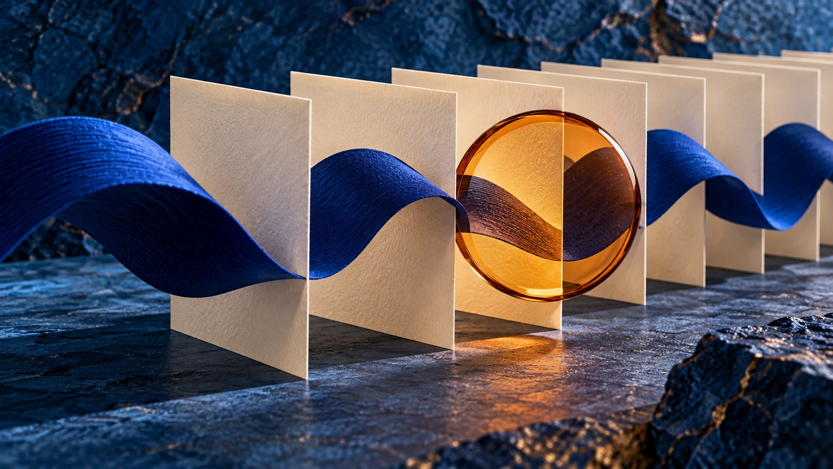 Fita acústica azul entre folhas claras, com lente de vidro âmbar sobre um trecho